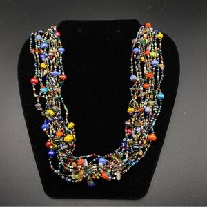 Seed Beads Multi-Strand Porcelain Focal Beads & Natural Stone Chips Necklace
